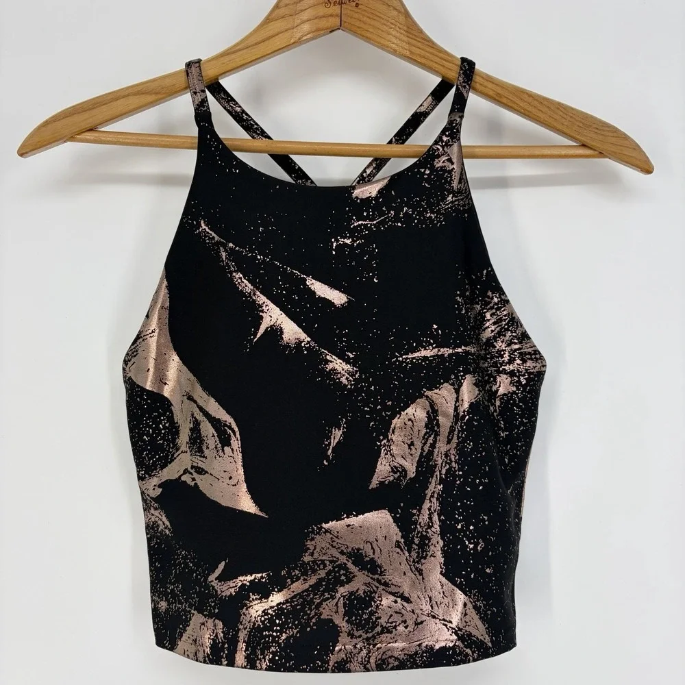 Old Navy Sports Bra S Black Rose‎ Gold Marble Swirl Powersoft Top Gym Workout